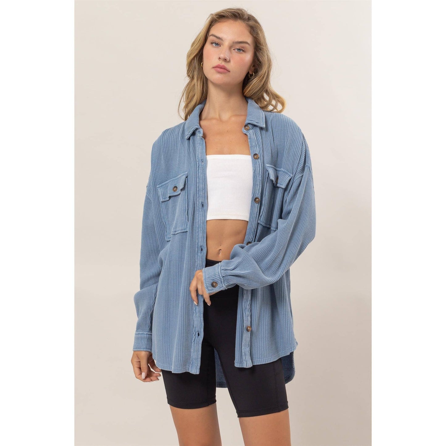 Waffle Oversized Button Up Shacket: GRAY BLUE / M