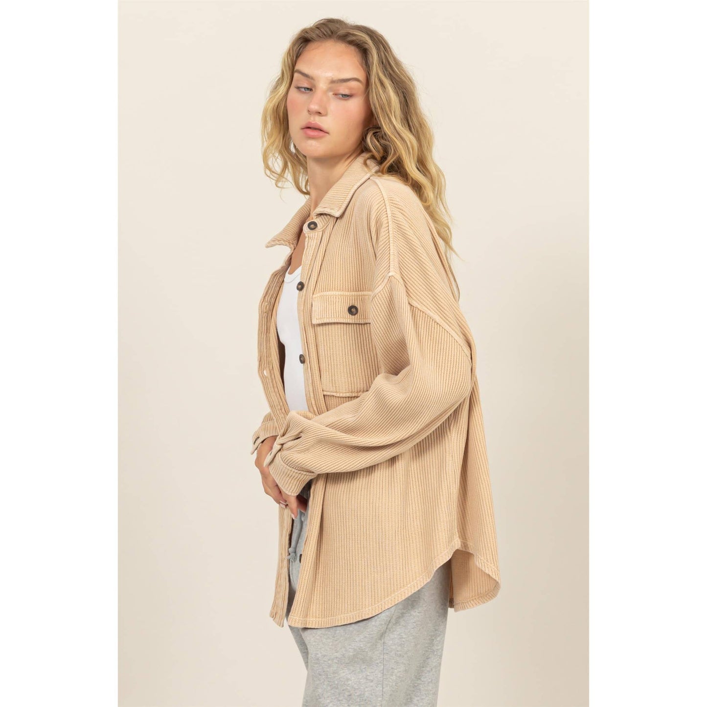 Waffle Oversized Button Up Shacket: GRAY BLUE / L