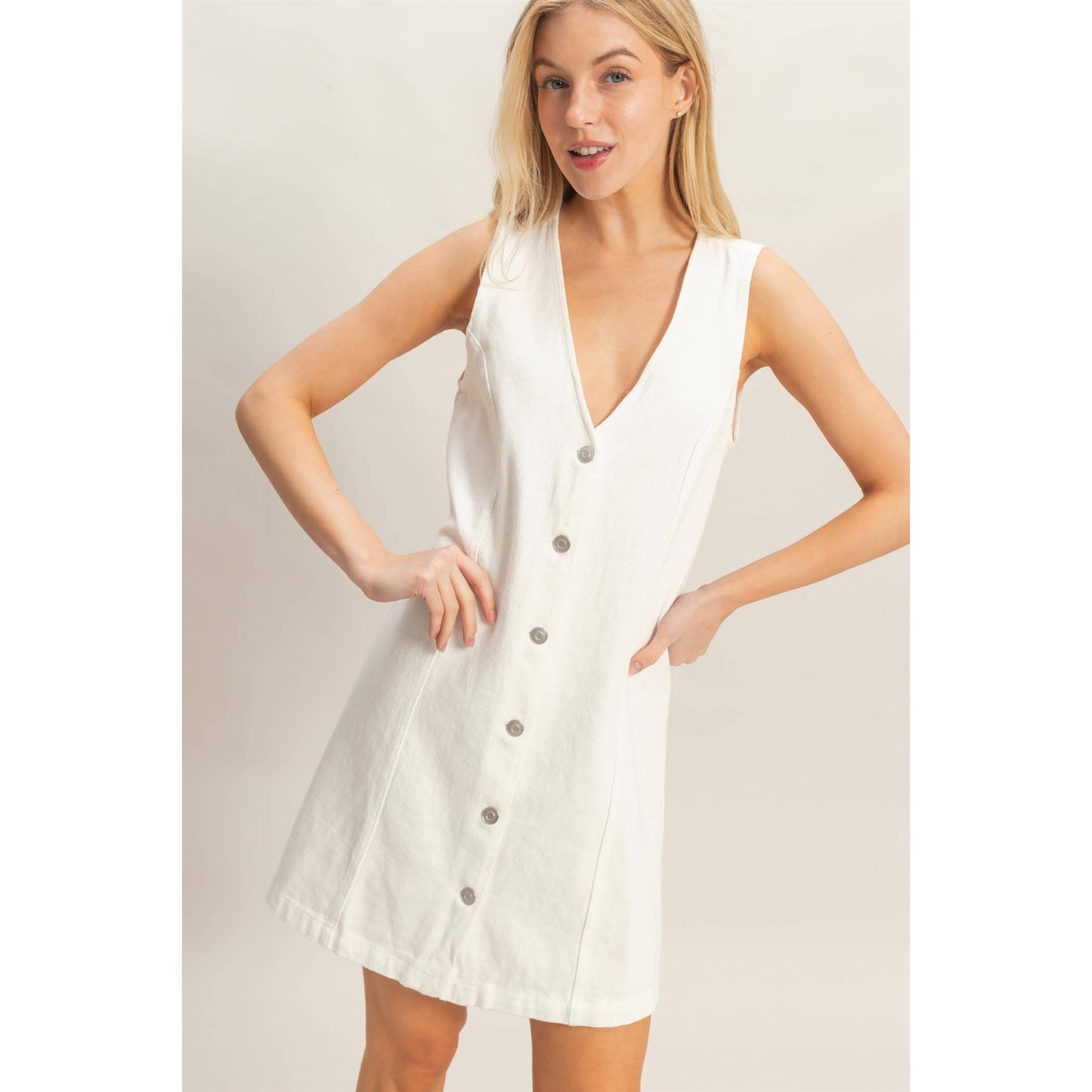 V-Neck Button Front Denim Dress
