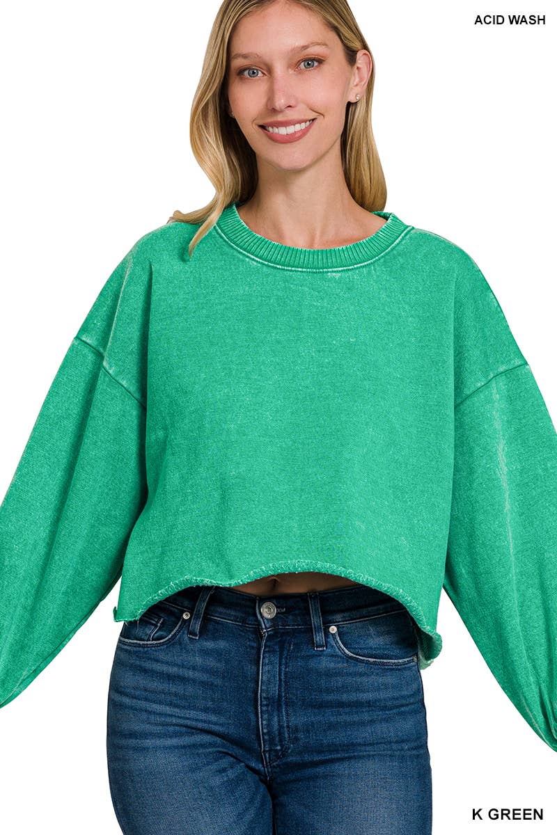 SI-25409 ACID WASH FLEECE CROPPED PULLOVER: MOCHA-163613 / M