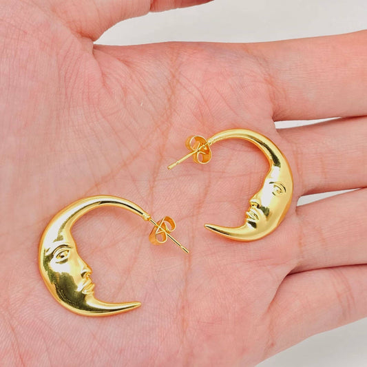 Mysterious Moon Face Design Gold Plated Hoop Earrings