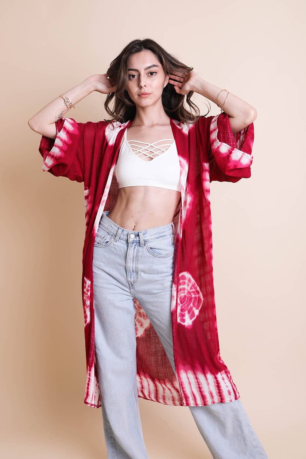 Tie-Dye Longline Kimono: Berry