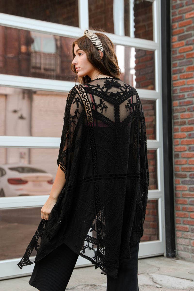 Embroidered Mesh Leaf Kimono: Natural