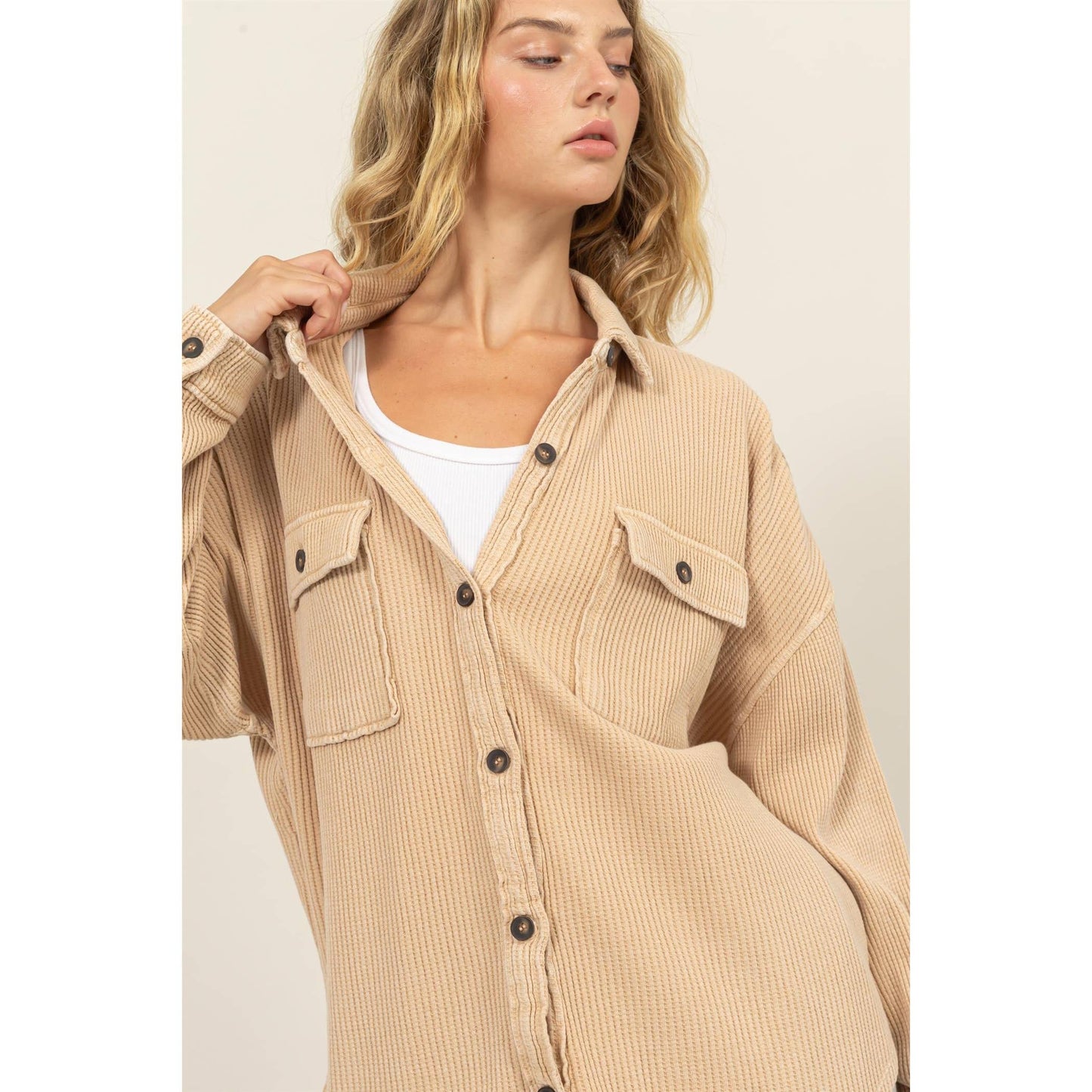 Brushed Waffle Knit Shacket: CREAM / M