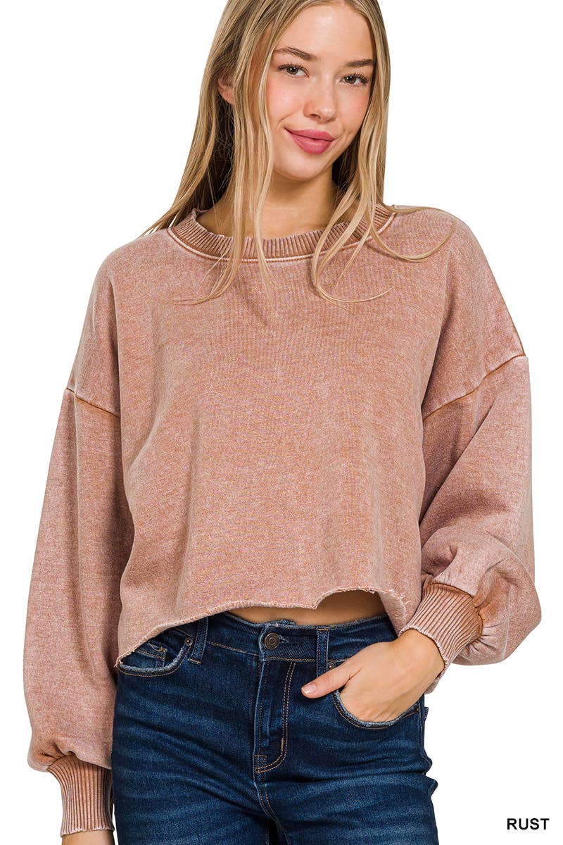 SI-25409 ACID WASH FLEECE CROPPED PULLOVER: MOCHA-163613 / M