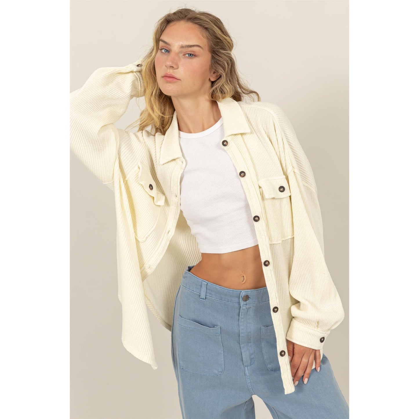 Brushed Waffle Knit Shacket:  CREAM / S