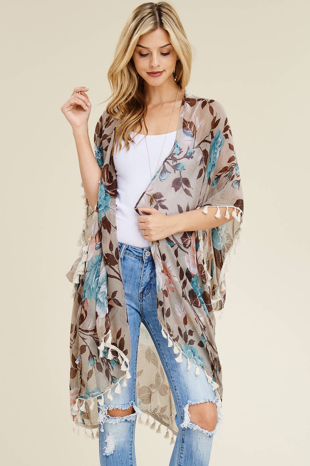 HDF1997 -  FLORAL TASSEL CARDIGAN: Blue