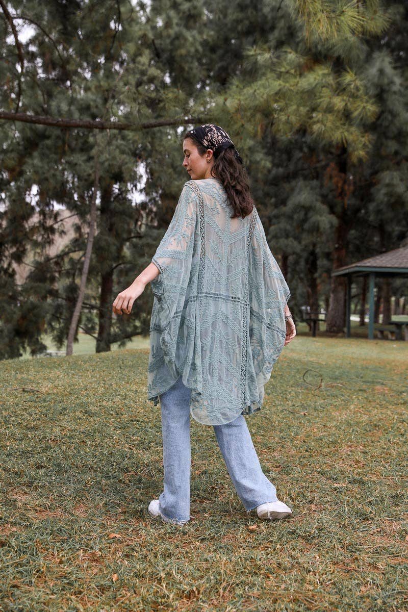 Embroidered Mesh Leaf Kimono: Natural