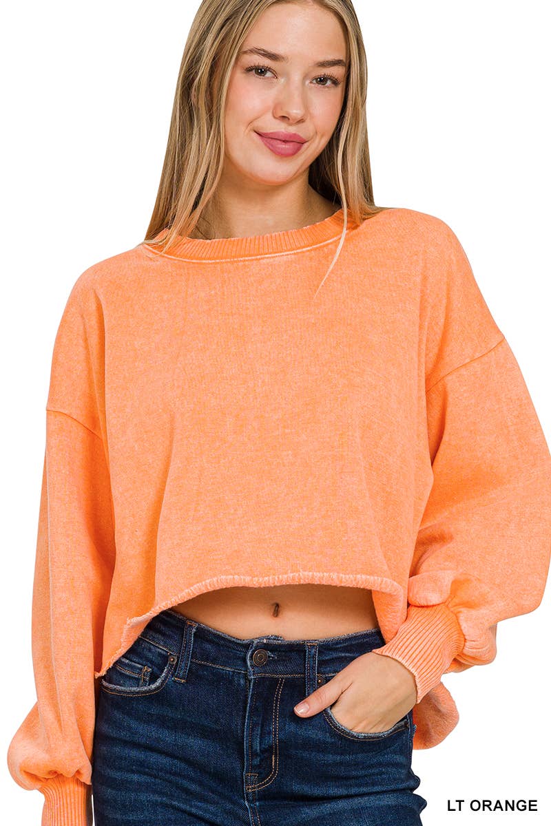 SI-25409 ACID WASH FLEECE CROPPED PULLOVER: MOCHA-163613 / M