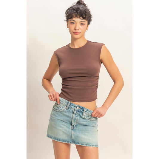 Ruched Waist Cap Sleeve Top