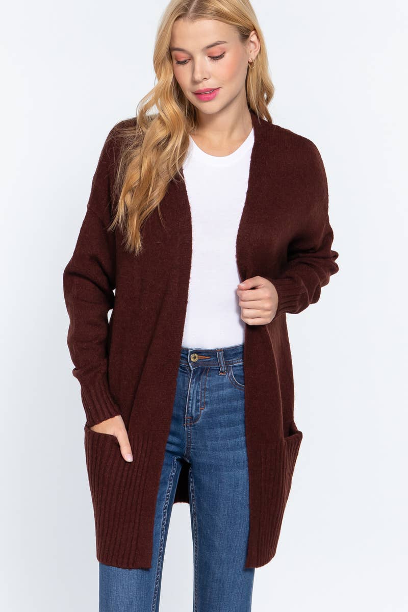 FITTED OPEN FRONT w/POCKET SWEATER CARDIGAN: S / BLU-blue-118476