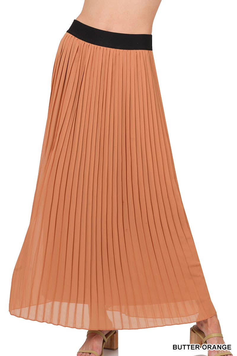WOVEN CHIFFON HIGH WAIST PLEATED LONG SKIRT: XL / TAUPE-139692