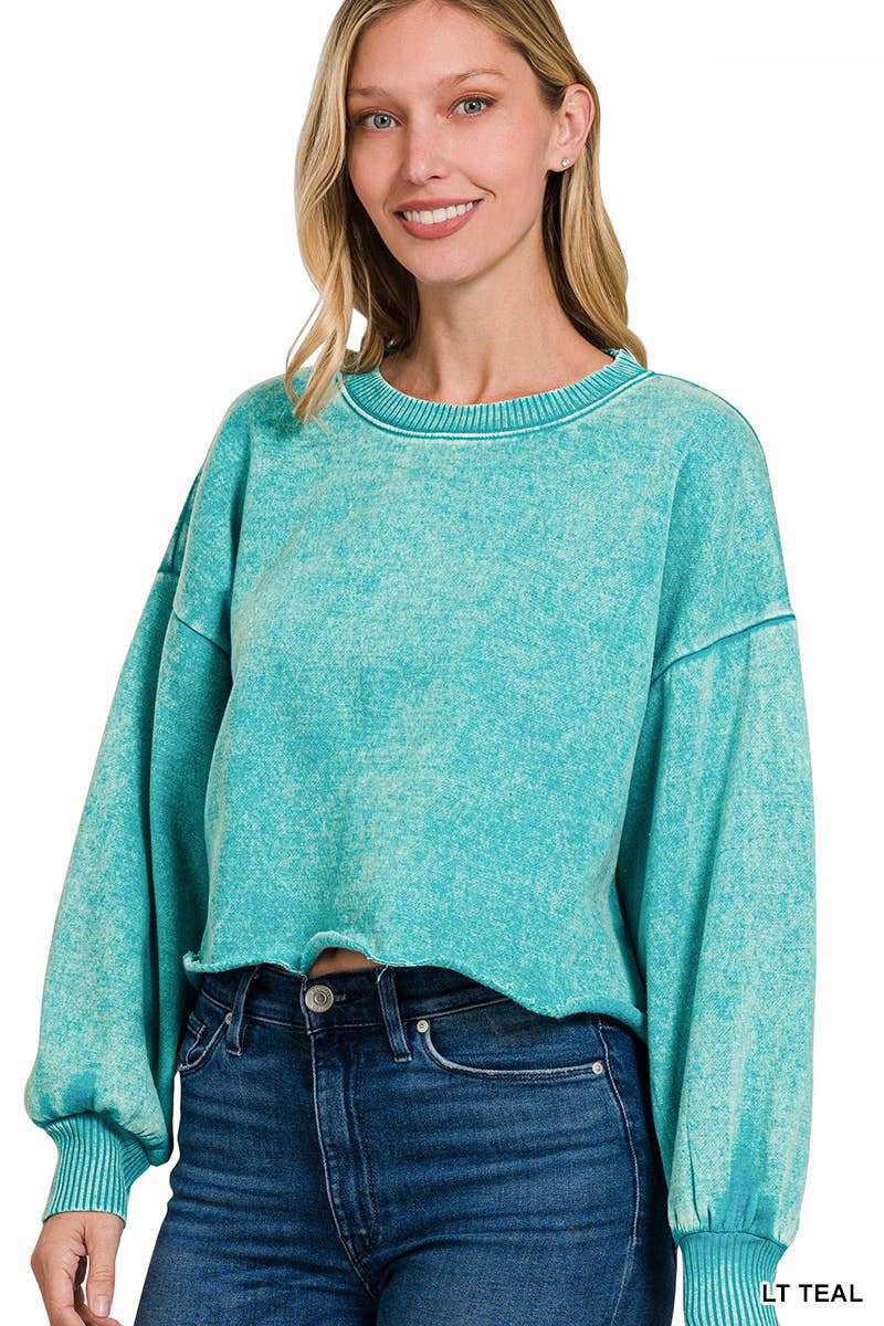 SI-25409 ACID WASH FLEECE CROPPED PULLOVER: MOCHA-163613 / M