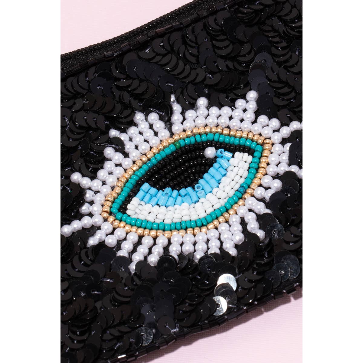 Sequin And Seed Beaded Eye Coin Purse: BK