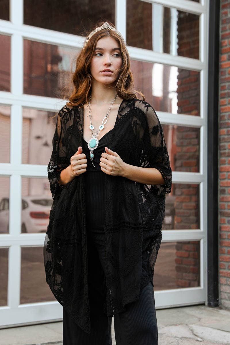 Embroidered Mesh Leaf Kimono: Natural
