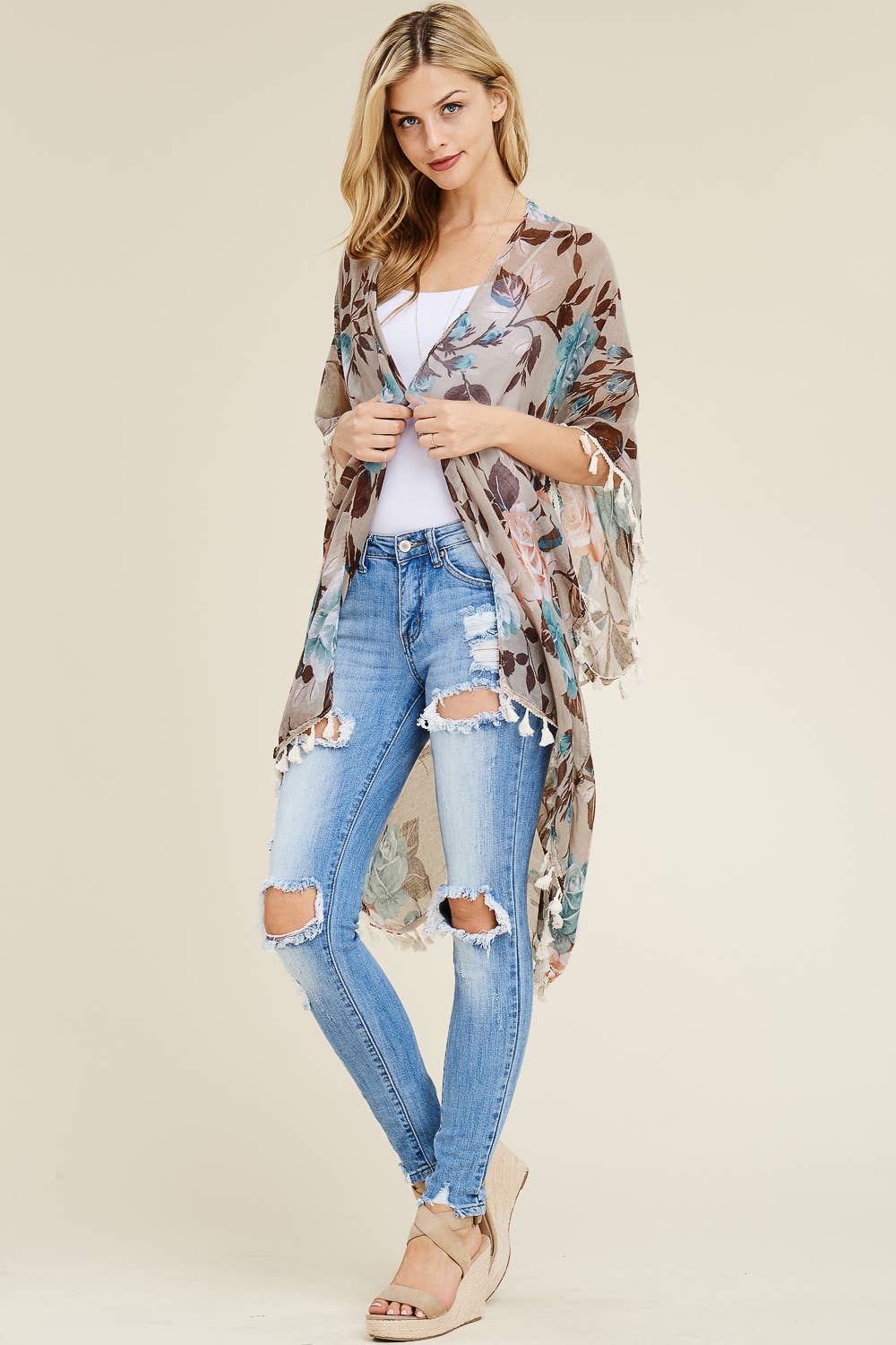 HDF1997 -  FLORAL TASSEL CARDIGAN: Blue