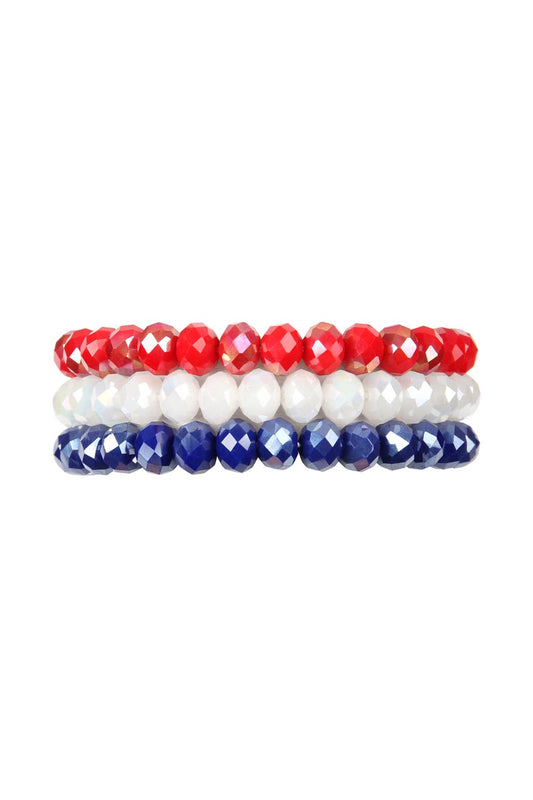 HDB2258-THREE GLASS BEADS STRETCH BRACELET: IRIDESCENT RED WHITE BLUE