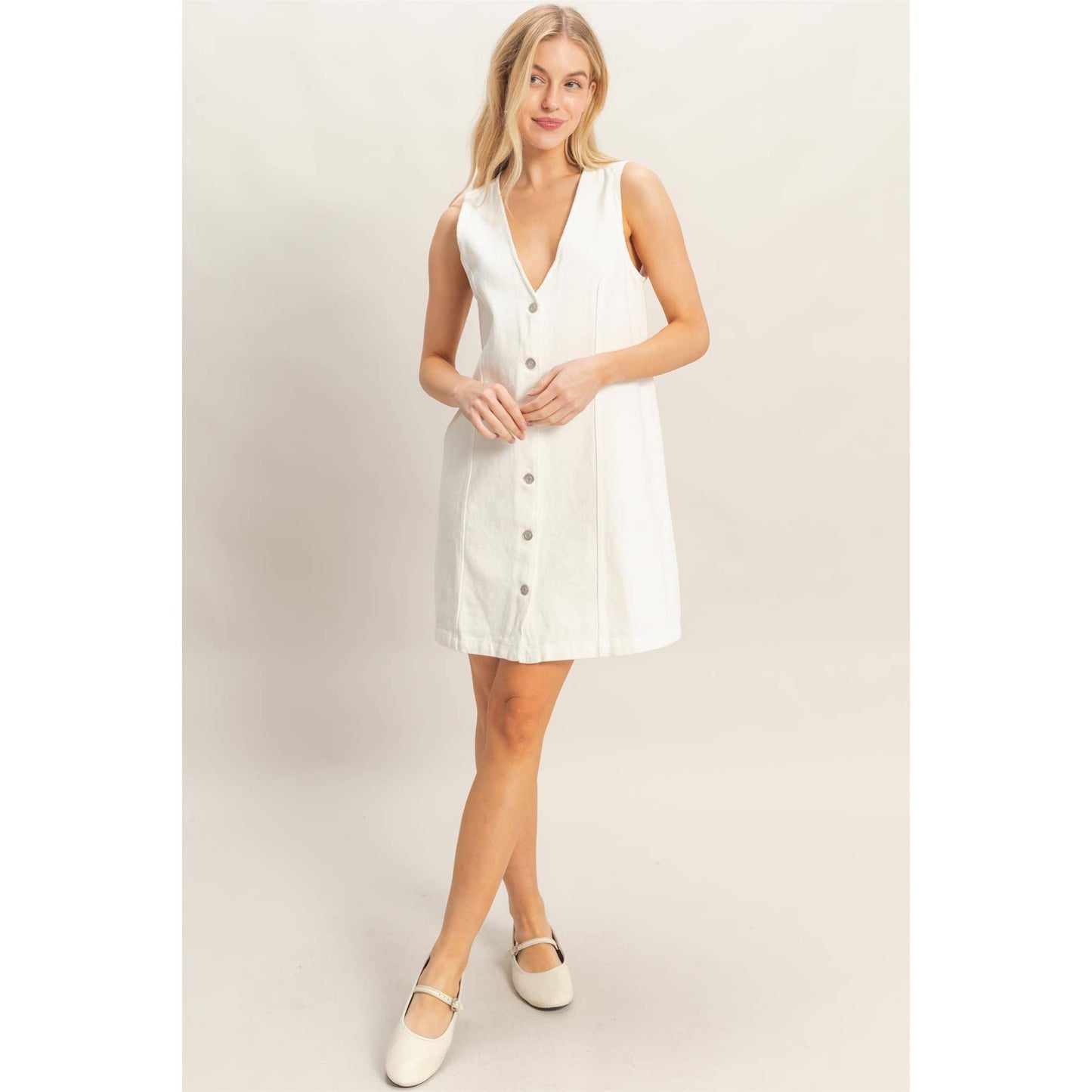V-Neck Button Front Denim Dress