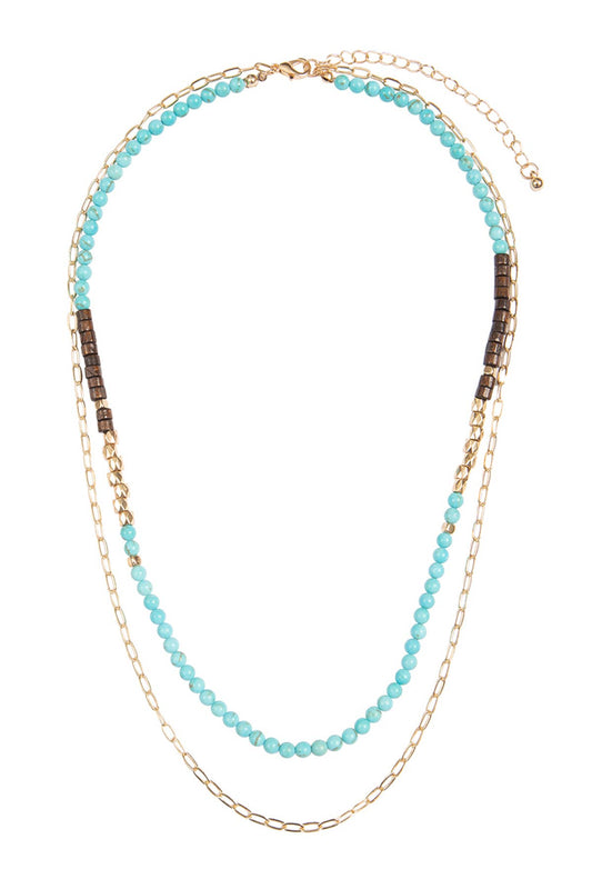 MYN1511 - NATURAL STONE, CHAIN LAYERED LONG NECKLACE