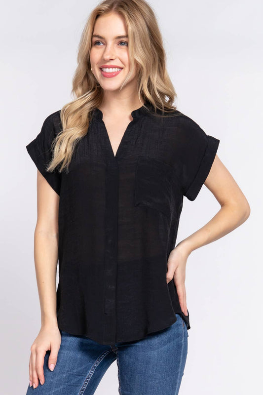 SLIM FIT DOLMAN BUTTON DOWN WOVEN TOP: BLK-black-154985 / L
