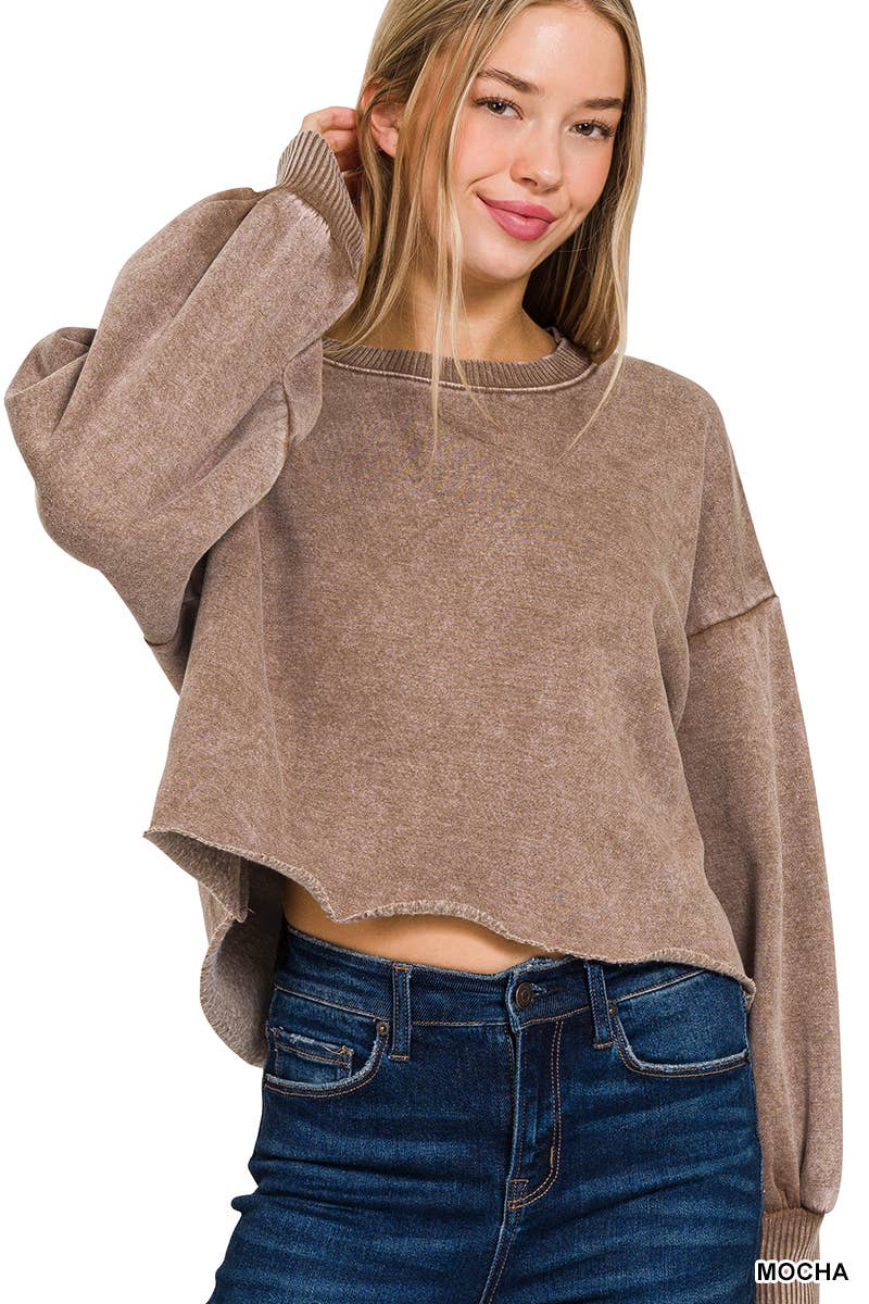 SI-25409 ACID WASH FLEECE CROPPED PULLOVER: MOCHA-163613 / M