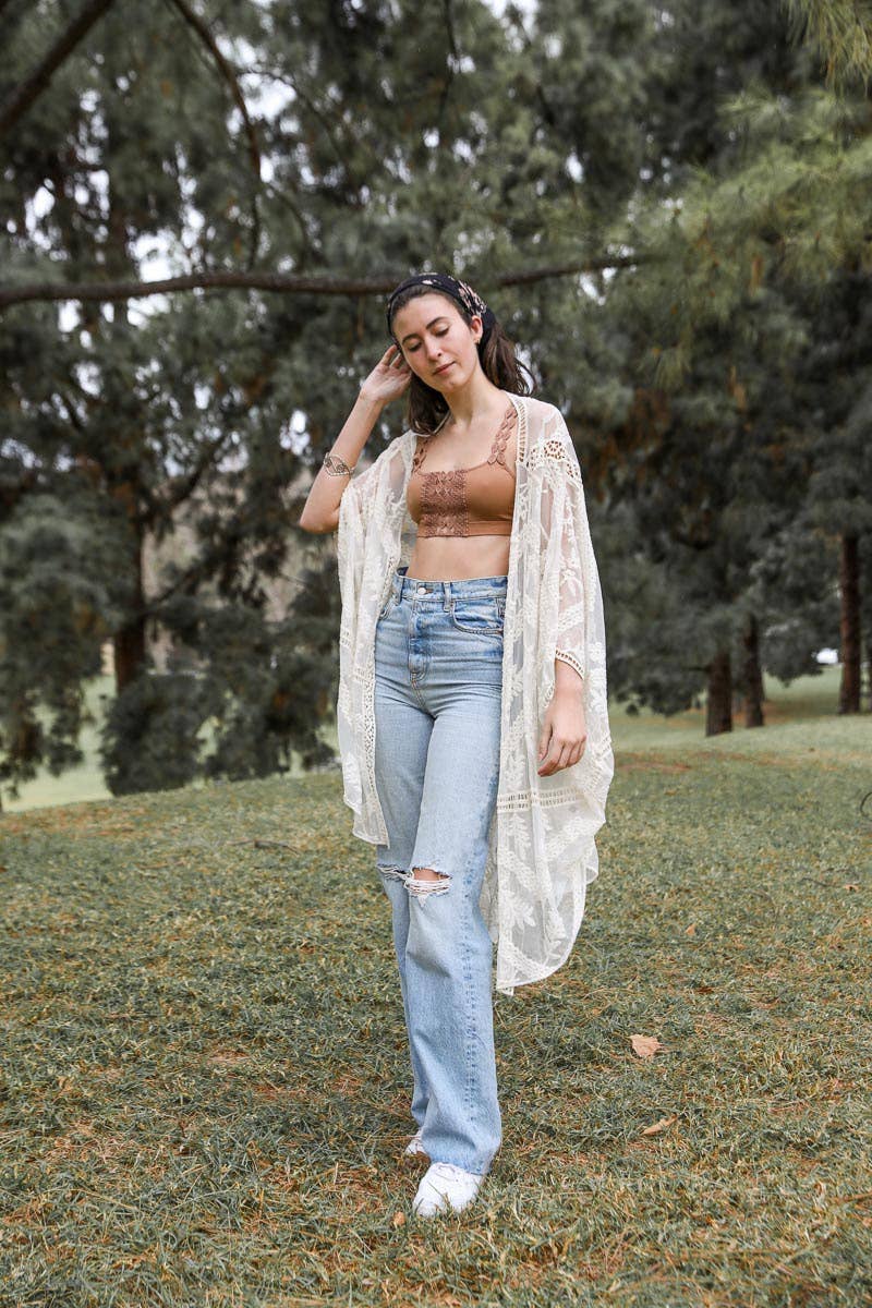 Embroidered Mesh Leaf Kimono: Natural