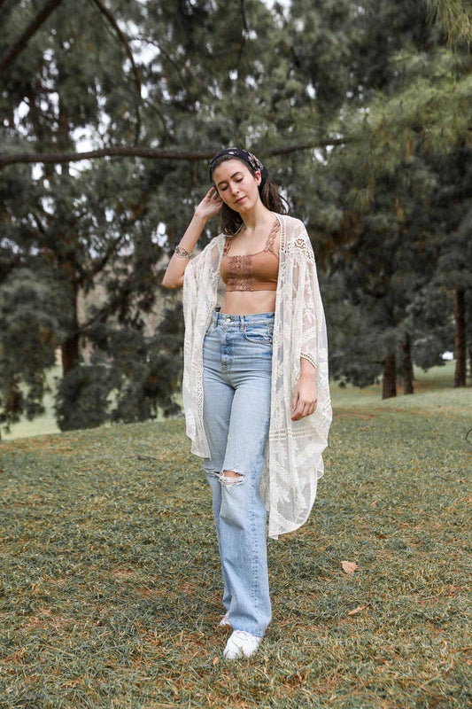 Embroidered Mesh Leaf Kimono: Natural